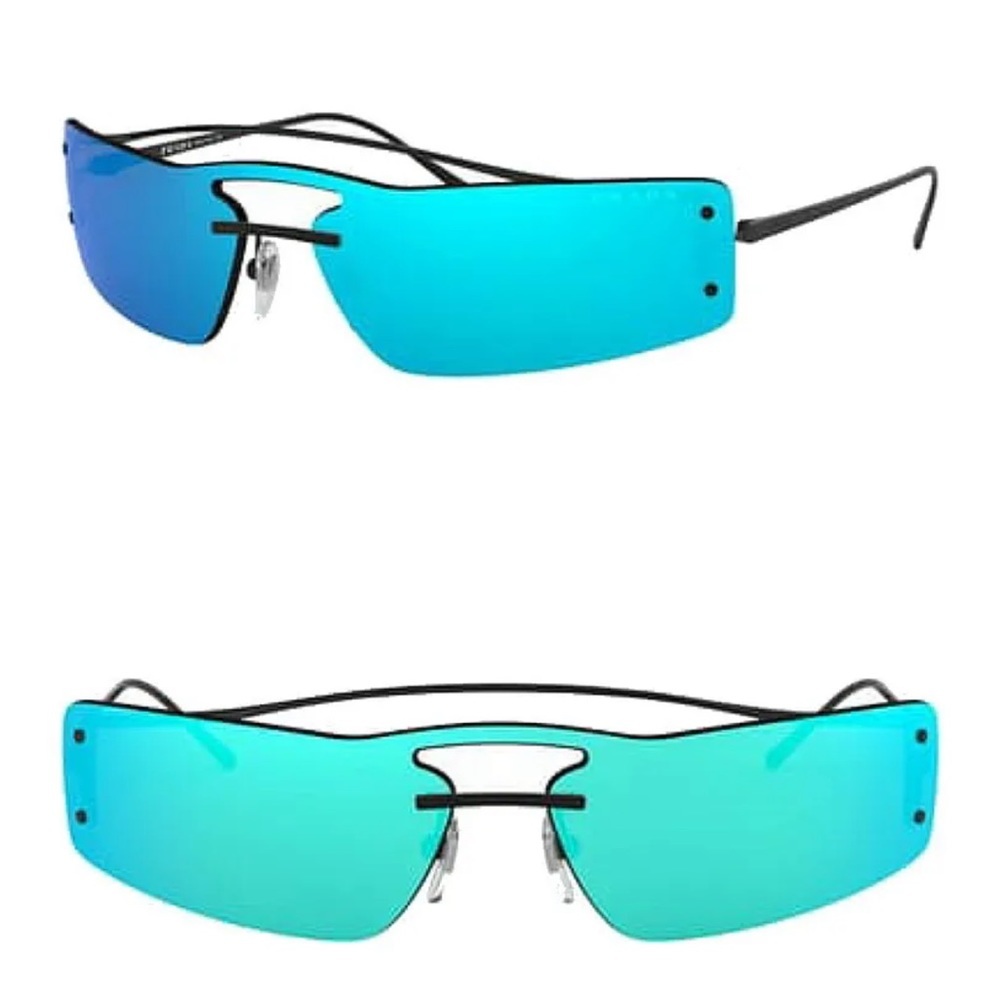 $390 Prada Rectangular Shield Sunglasses Blue Mirror Lens Black Frame Made Italy